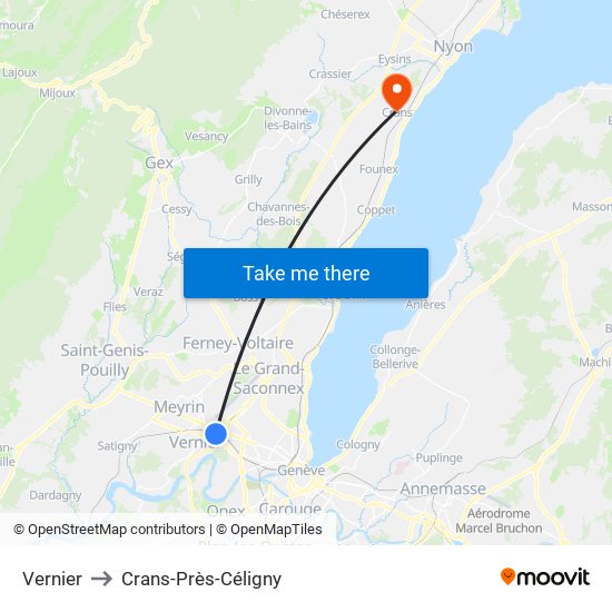 Vernier to Crans-Près-Céligny map