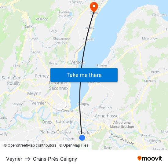 Veyrier to Crans-Près-Céligny map