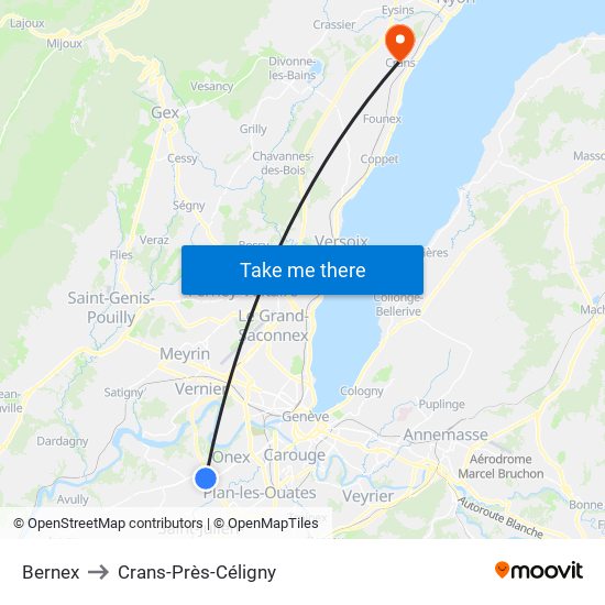 Bernex to Crans-Près-Céligny map