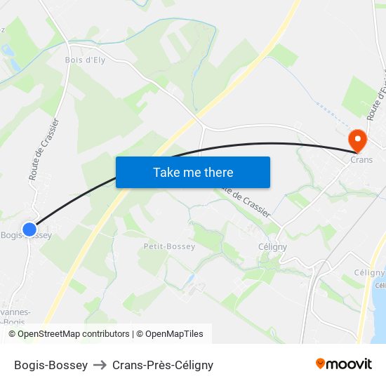 Bogis-Bossey to Crans-Près-Céligny map