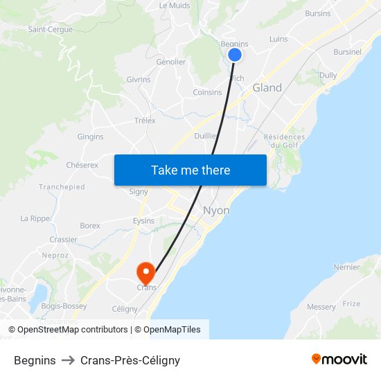 Begnins to Crans-Près-Céligny map