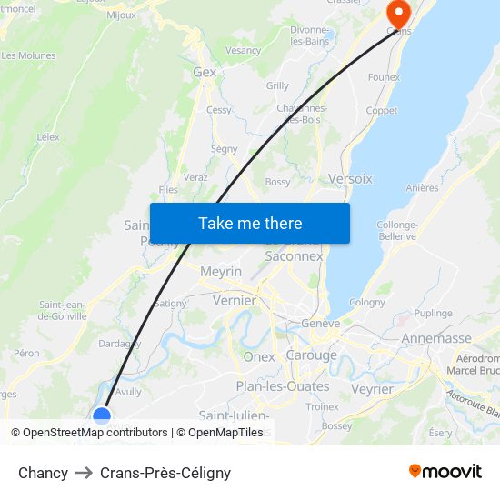 Chancy to Crans-Près-Céligny map