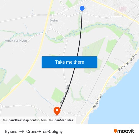 Eysins to Crans-Près-Céligny map