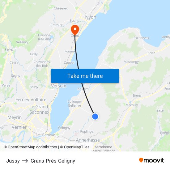 Jussy to Crans-Près-Céligny map