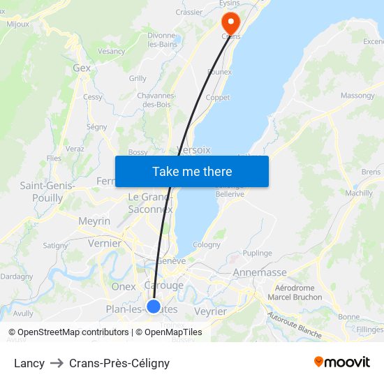 Lancy to Crans-Près-Céligny map