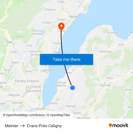 Meinier to Crans-Près-Céligny map