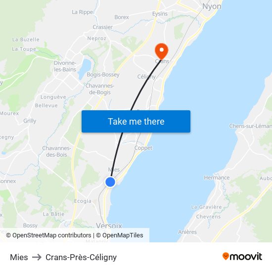 Mies to Crans-Près-Céligny map