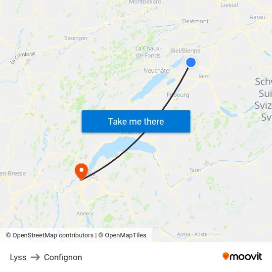 Lyss to Confignon map