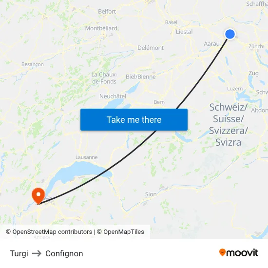 Turgi to Confignon map