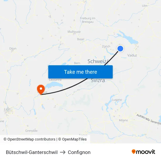 Bütschwil-Ganterschwil to Confignon map