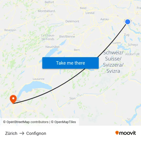 Zürich to Confignon map
