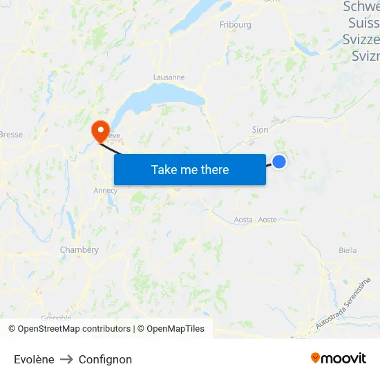 Evolène to Confignon map