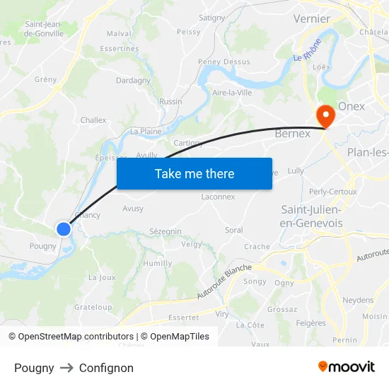 Pougny to Confignon map