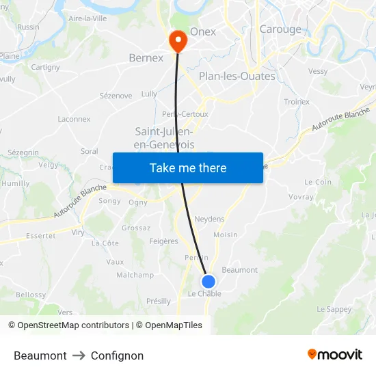 Beaumont to Confignon map