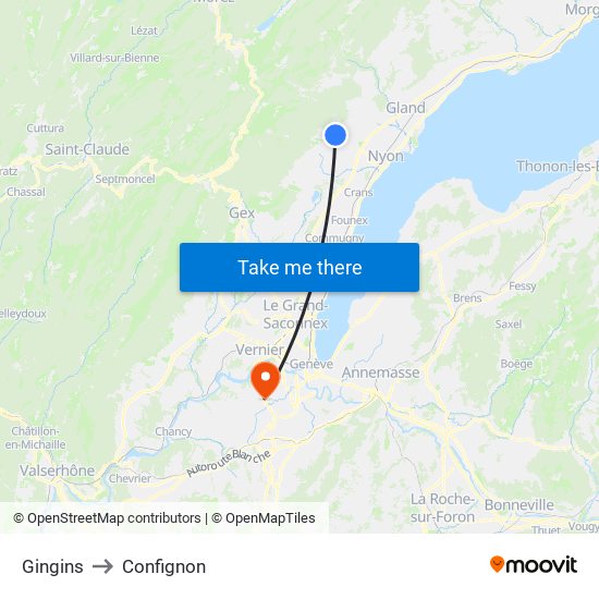 Gingins to Confignon map