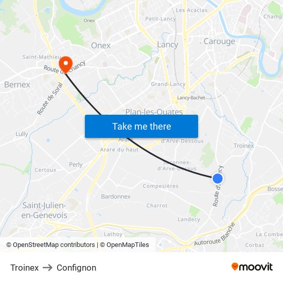 Troinex to Confignon map