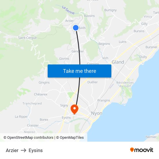 Arzier to Eysins map