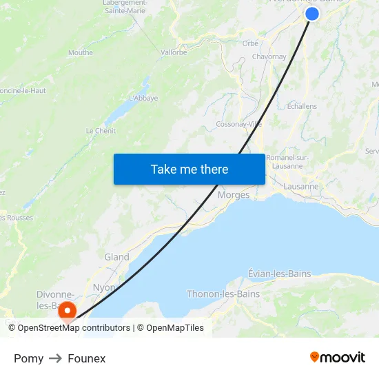 Pomy to Founex map