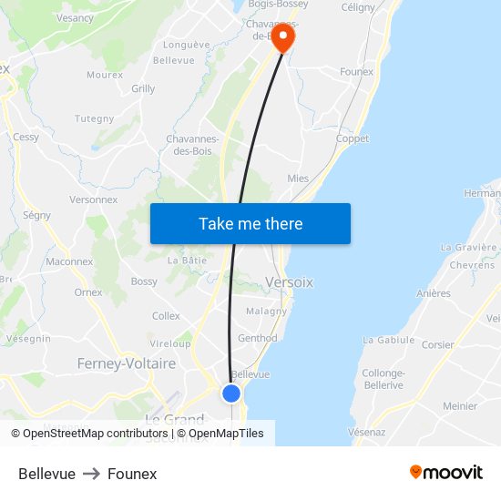 Bellevue to Founex map