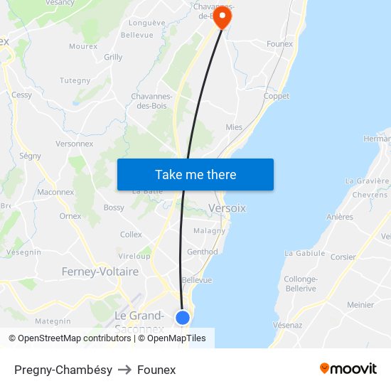 Pregny-Chambésy to Founex map