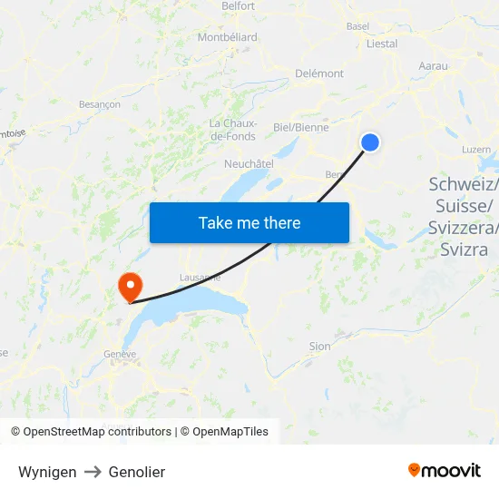 Wynigen to Genolier map