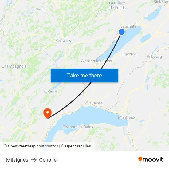 Milvignes to Genolier map