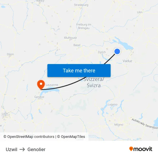 Uzwil to Genolier map