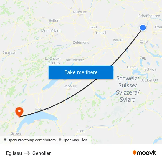 Eglisau to Genolier map
