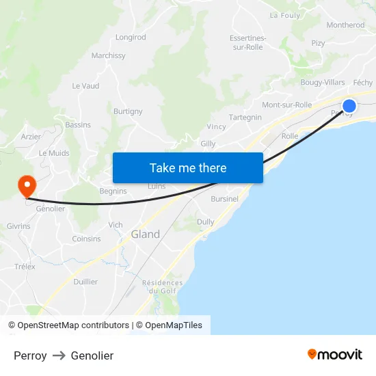 Perroy to Genolier map