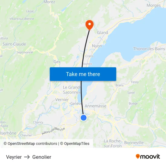 Veyrier to Genolier map