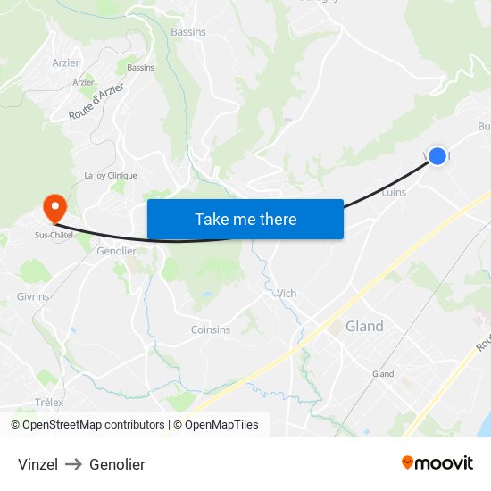 Vinzel to Genolier map