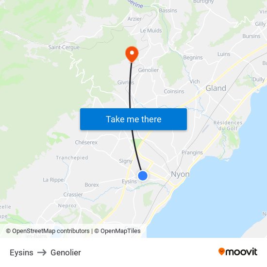 Eysins to Genolier map