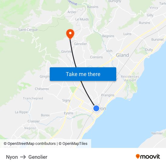 Nyon to Genolier map