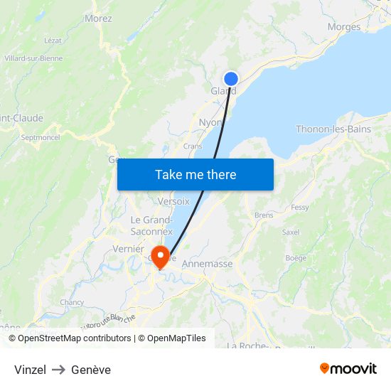 Vinzel to Genève map