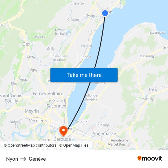 Nyon to Genève map