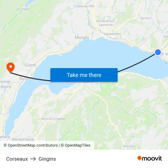 Corseaux to Gingins map