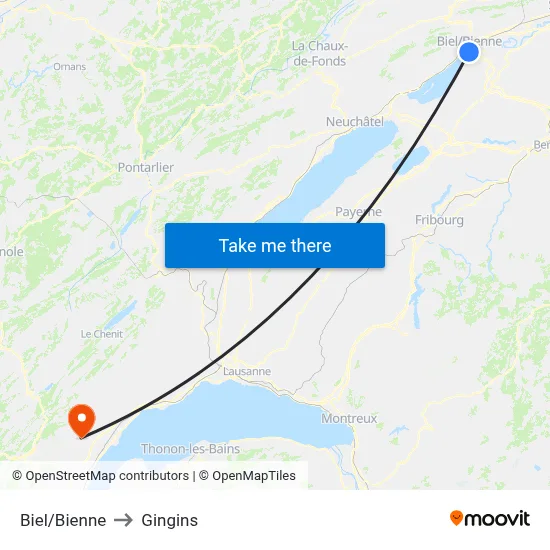 Biel/Bienne to Gingins map