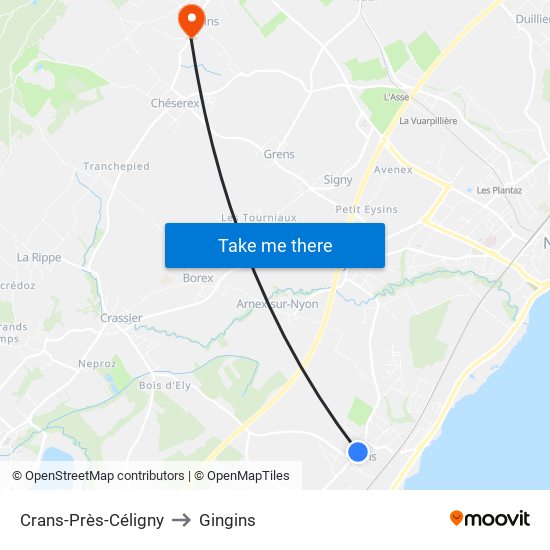 Crans-Près-Céligny to Gingins map