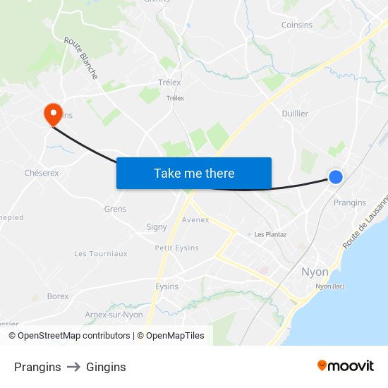 Prangins to Gingins map