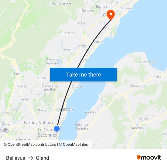 Bellevue to Gland map