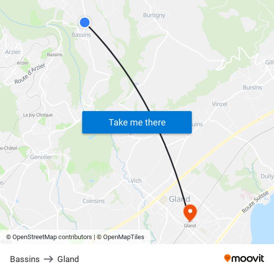 Bassins to Gland map