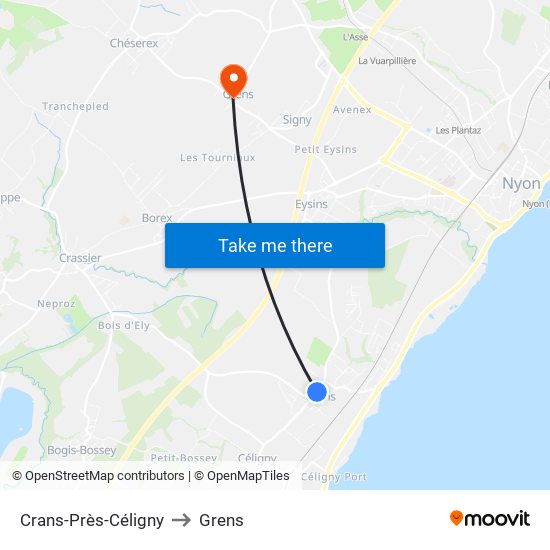 Crans-Près-Céligny to Grens map