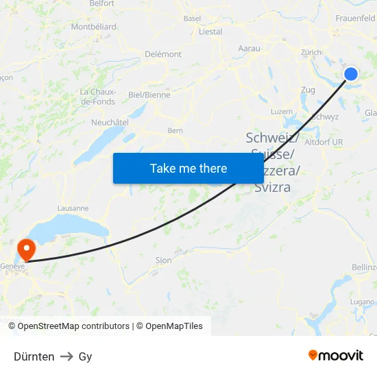 Dürnten to Gy map