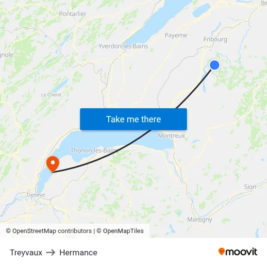 Treyvaux to Hermance map
