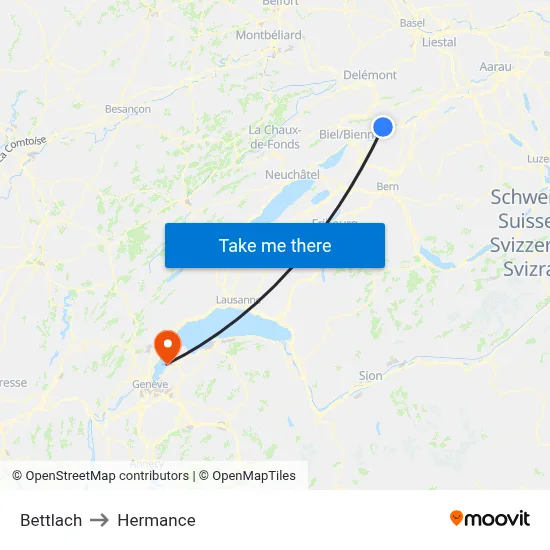 Bettlach to Hermance map
