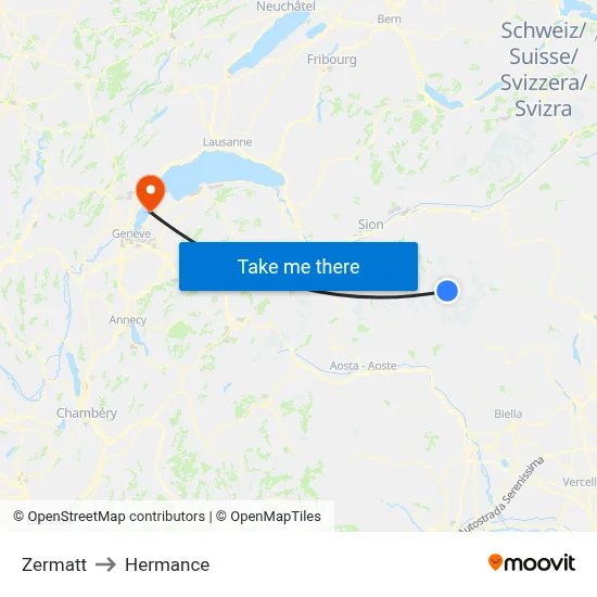 Zermatt to Hermance map