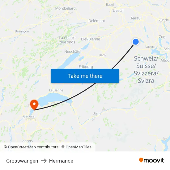 Grosswangen to Hermance map