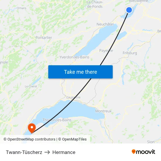 Twann-Tüscherz to Hermance map