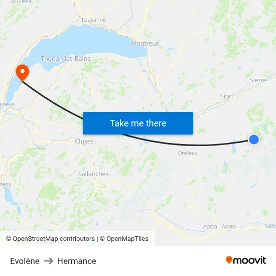 Evolène to Hermance map