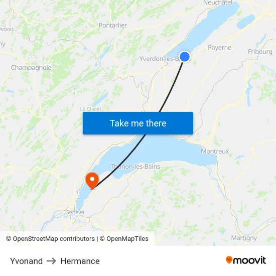 Yvonand to Hermance map